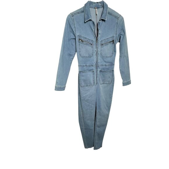 Free People Lennox Skinny Fit Denim Zip Front Jumpsuit Size Small Light Blue - Picture 2 of 12